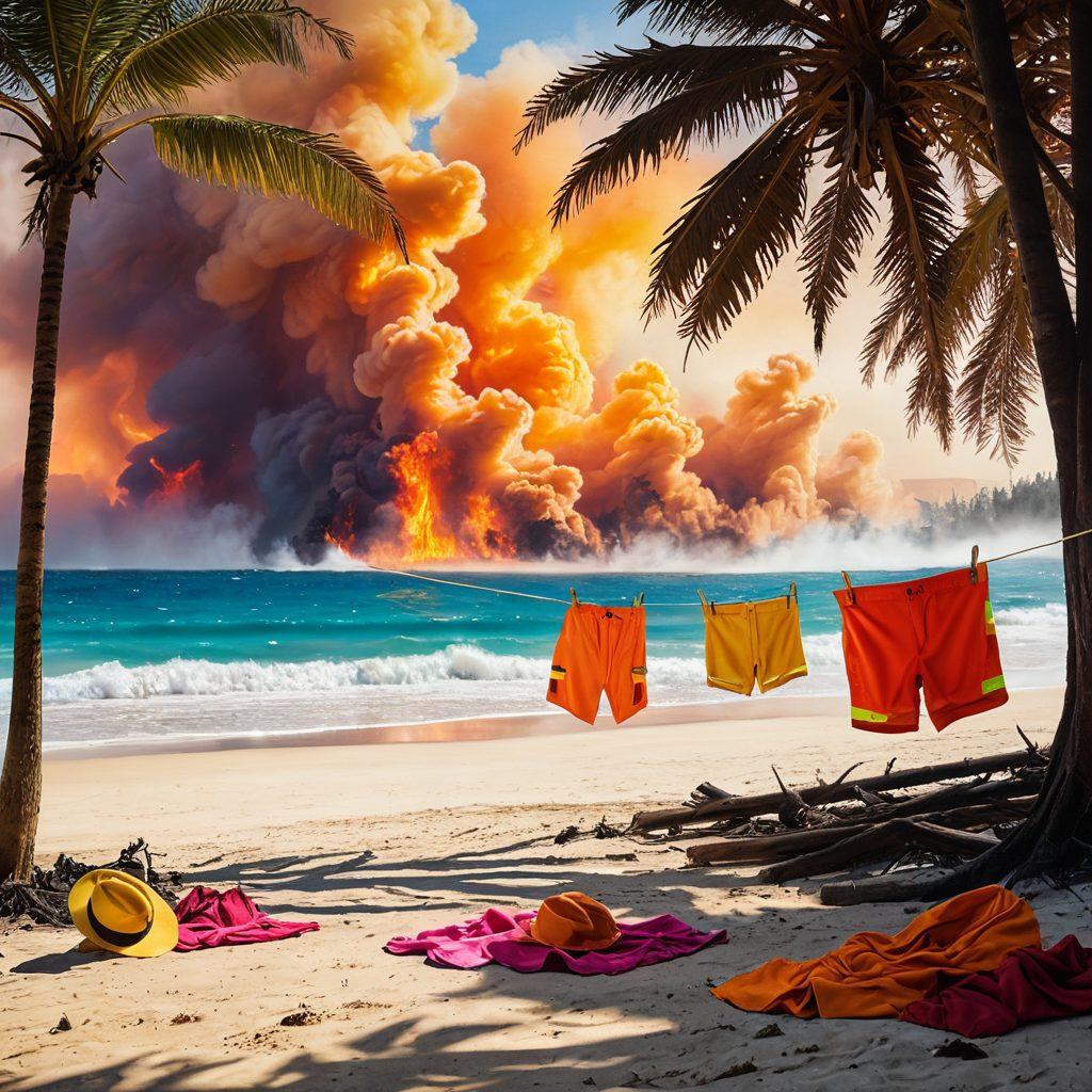 A split scene depicting the connection between beachwear and wildfire safety: on one side, colorful swimwear hanging on a beachline, with sunbathers enjoying the sun; on the other side, a dramatic scene of firefighters battling a forest fire in protective gear. The contrast between the relaxed beach environment and the intense fire scene highlights the surprising connection. Bright and bold colors for the beachside; deep, fiery hues for the wildfire. super-realistic. vibrant colors.